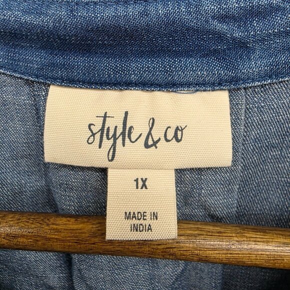 Style & Co Blue Chambray Embroidered Button-Up Shirt Lace-Up Back 1X Boho - Picture 10 of 14